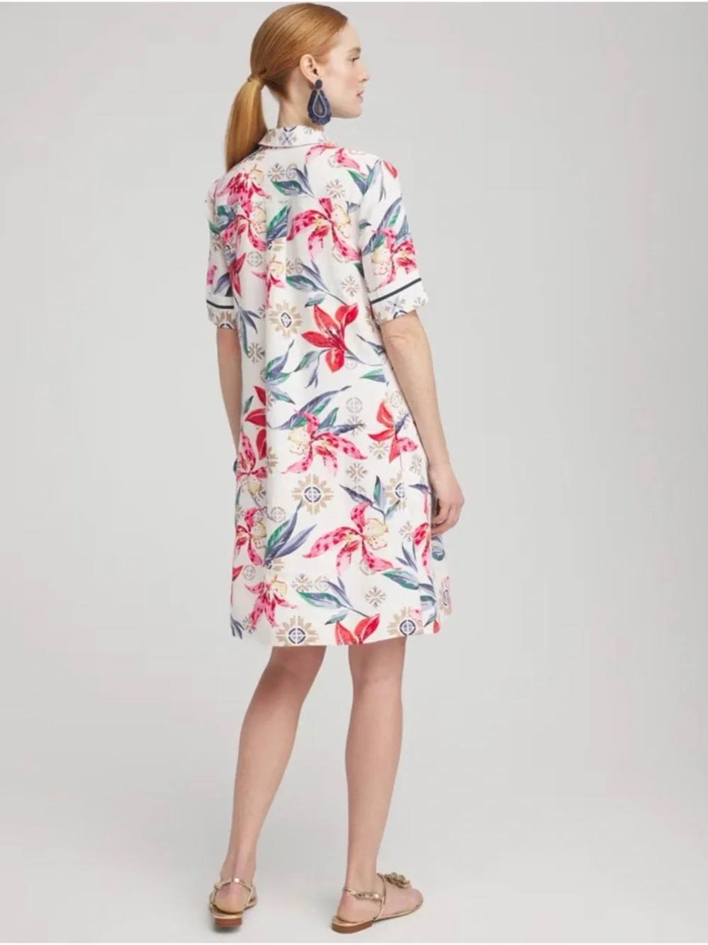 Chico’s Linen Floral Popover Shirt Dress Size 10 US Resort Wear Coastal Beach - Picture 4 of 9